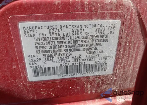 2015 Nissan Sentra Fe+ S/S/Sl/Sr/Sv from USA, damaged, VIN 3N1AB7AP1FY249184